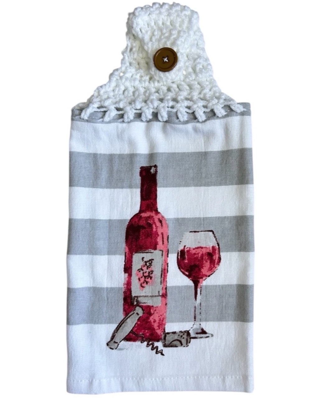 Hand Crafted White and Gray Kitchen Hanging Hand Towel with Red Wine Print
